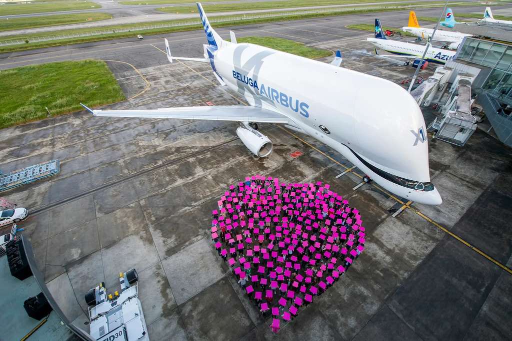 The sixth Airbus BelugaXL parked outside the factory.