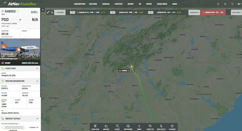 In the last few moments, an Allegiant Air Airbus A320 from Punta Gorda has declared an emergency near Spartanburg. 