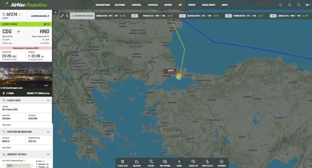 In the last few moments, an Air France Boeing 777 operating a flight between Paris & Tokyo has declared an emergency and is diverting to Istanbul.