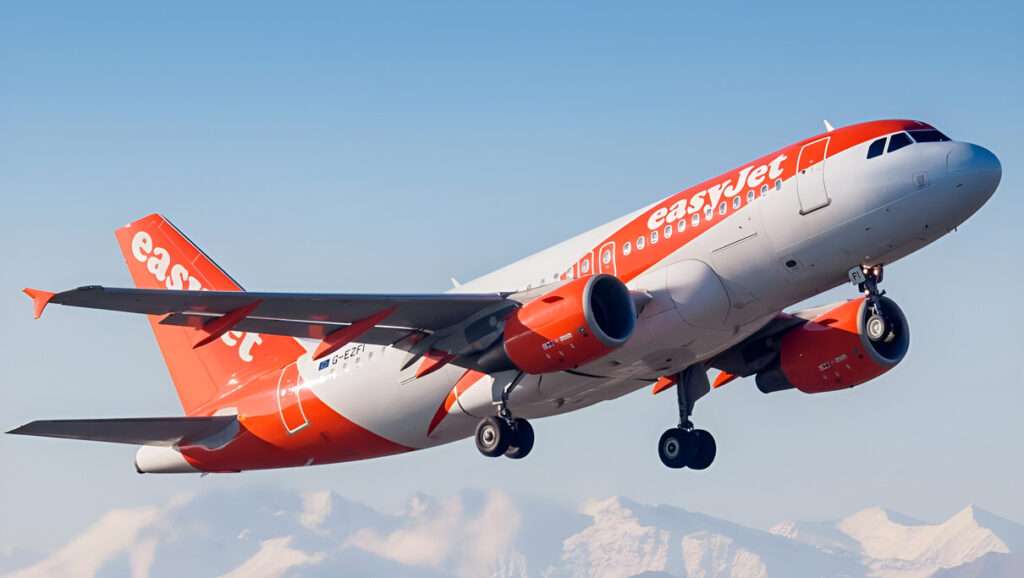 An easyJet Airbus flies over snow covered mountains.