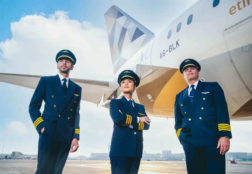 Etihad Airways flight crew pose for pilot recruitment promotion