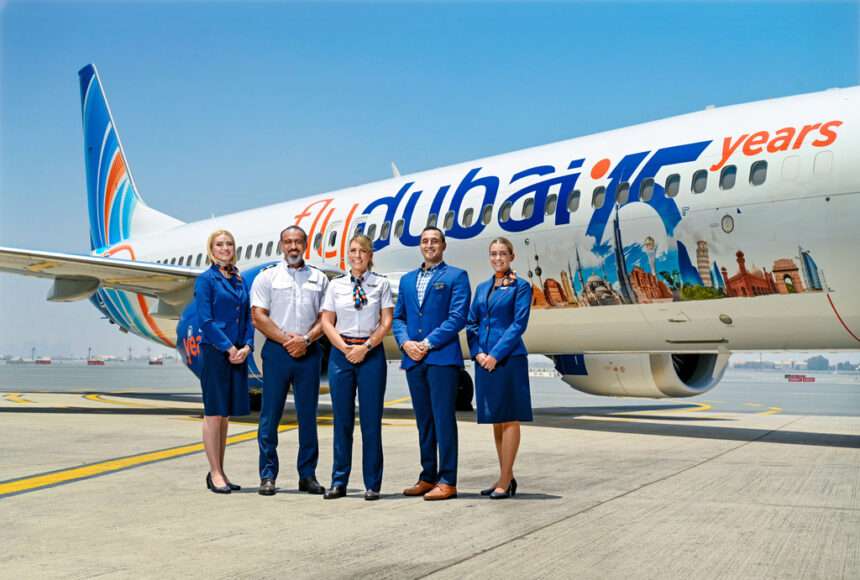 flydubai flight crew with special custom livery Boeing 737-8 MAX aircraft