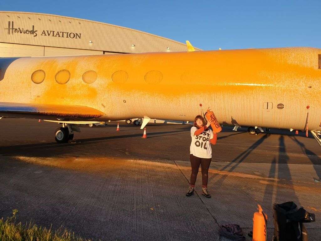 A Just Stop Oil protestor stands in front of a painted aircraft at Stansted Airport.