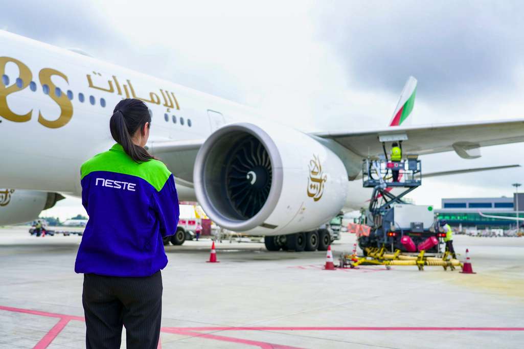 An Emirates aircraft is refuelled with SAF at Singapore