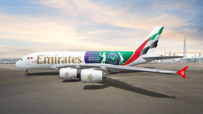 An Emirates A380 in custom Wimbledon 2024 livery