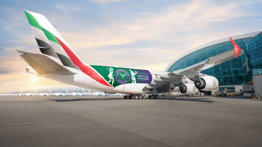 Emirates A380 in Wimbledon 2024 custom livery.