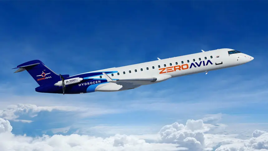 A ZeroAvia American Airlines regional jet with hydrogen powered engines in flight.
