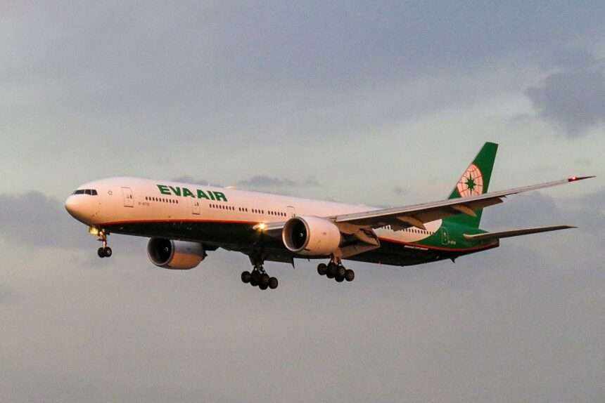 An EVA Air Boeing 777 approaches to land.