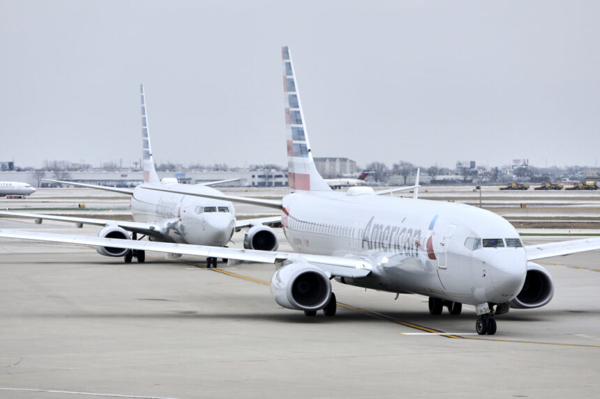 Two American Airlines aircraft on the taxiway.