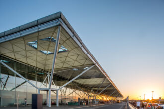 Exterior of London Stansted Airport in the morning.