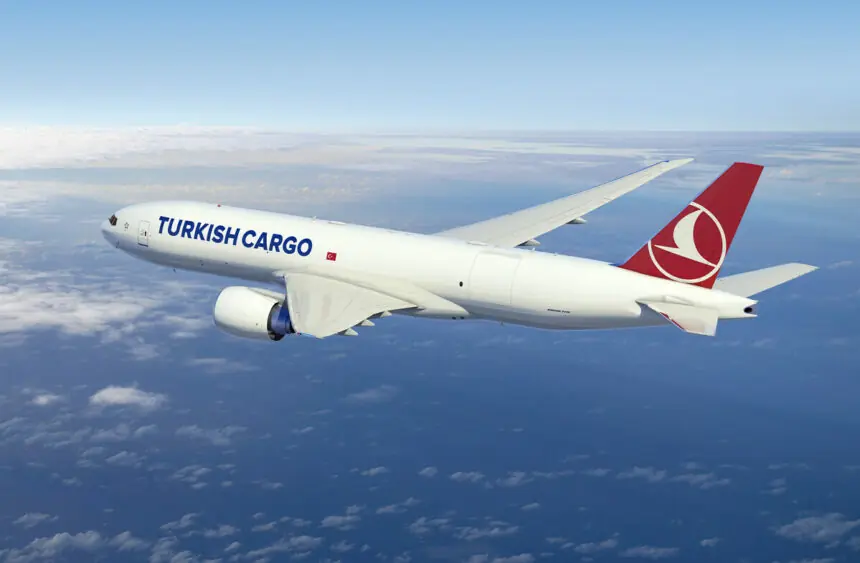 A Turkish Airlines Boeing 777 Freighter in flight.