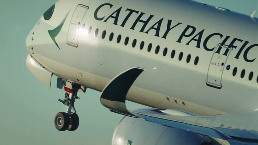 Closeup of a Cathay Pacific A350 taking off