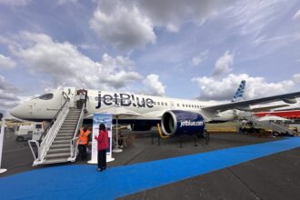 During the Farnborough Air Show, AviationSource was invited to take a look onboard the sleek JetBlue Airbus A220-300.