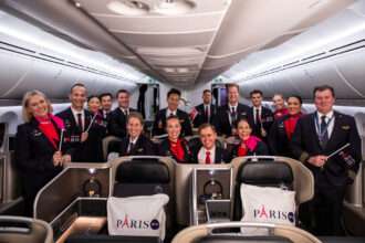 Qantas operating crew on Boeing 787-9 Dreamliner flight from Perth to Paris.