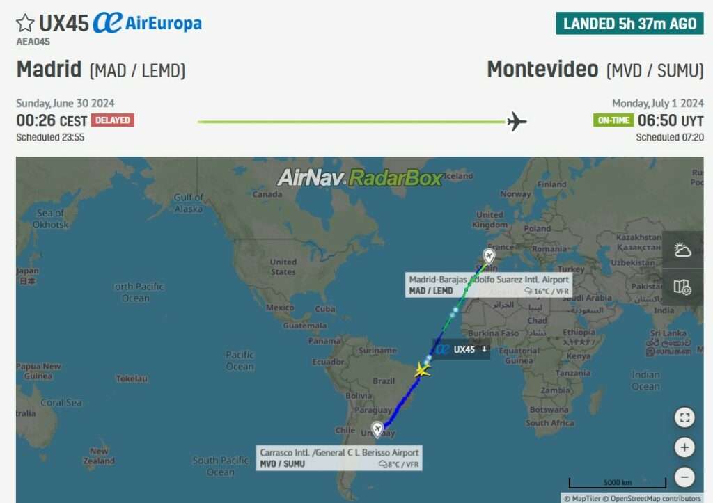 Flight track of Air Europa UX45 Madrid to Montevideo showing diversion to Natal.