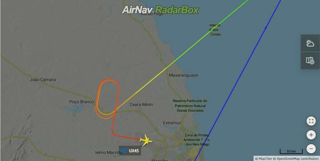 Flight track of Air Europa UX45 Madrid to Montevideo showing diversion to Natal.