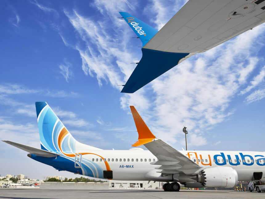 A flydubai Boeing 737 MAX parked on the apron.