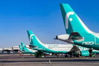 A line of flynas aircraft.