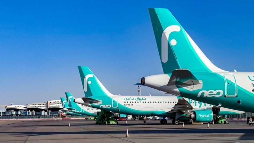 A line of flynas aircraft.