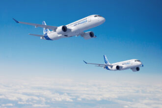 Render of two Airbus A220 aircraft in flight
