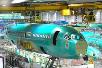 Boeing fuselage production at the Spirit AeroSystems factory.